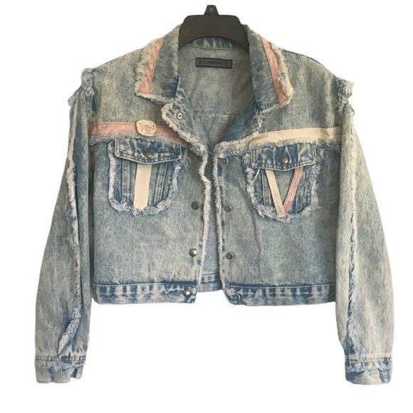 Vintage 80s Acid Wash Denim Jean Jacket Medium Cropped Frayed Distressed - Picture 1 of 11
